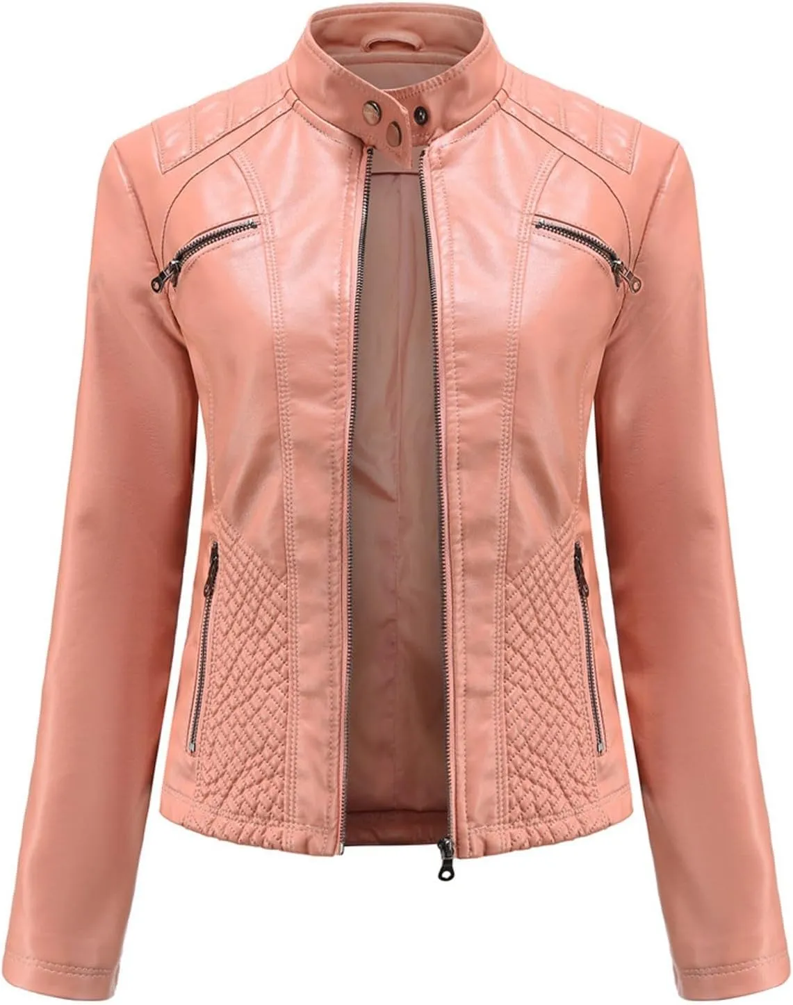 Faux Leather Jacket Women Motorcycle Zipper Bike Coat Long Sleeve Quilted Moto Outwear Slim Fit Fashion Fall Jackets