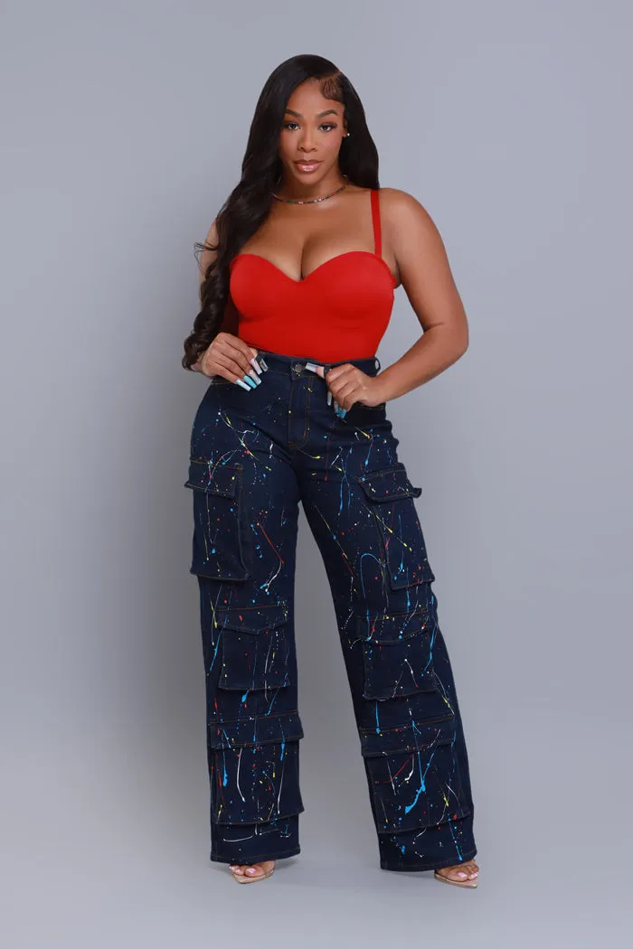 Feel Inspired Paint Splatter Cargo Jeans - Dark Wash