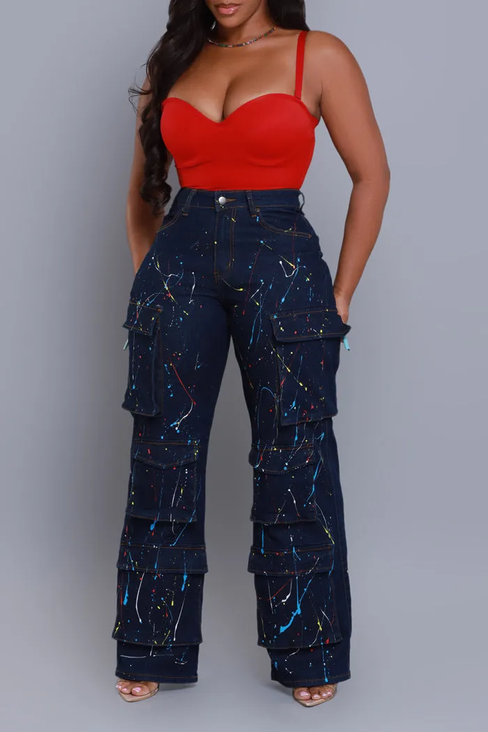 Feel Inspired Paint Splatter Cargo Jeans - Dark Wash