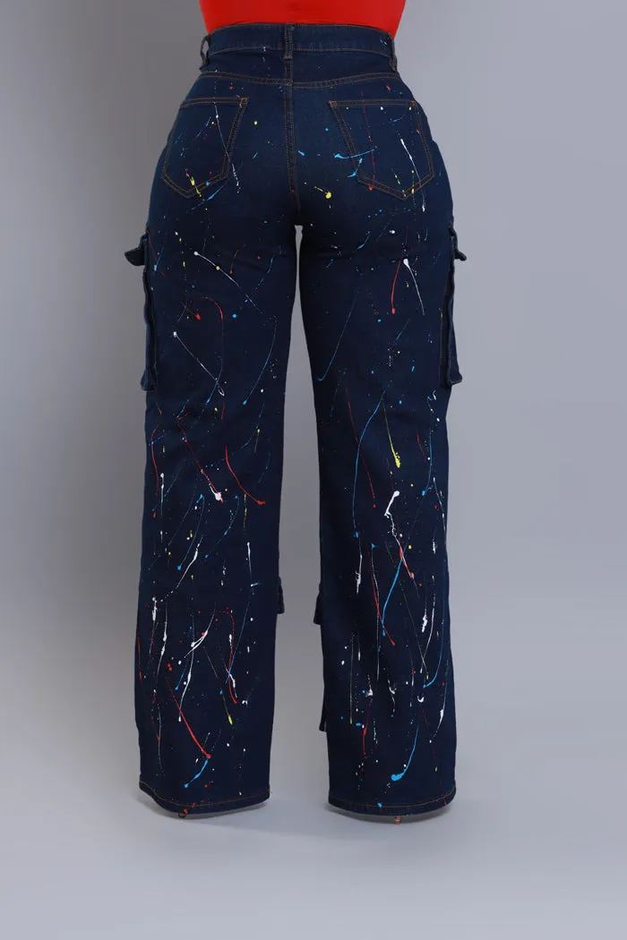 Feel Inspired Paint Splatter Cargo Jeans - Dark Wash