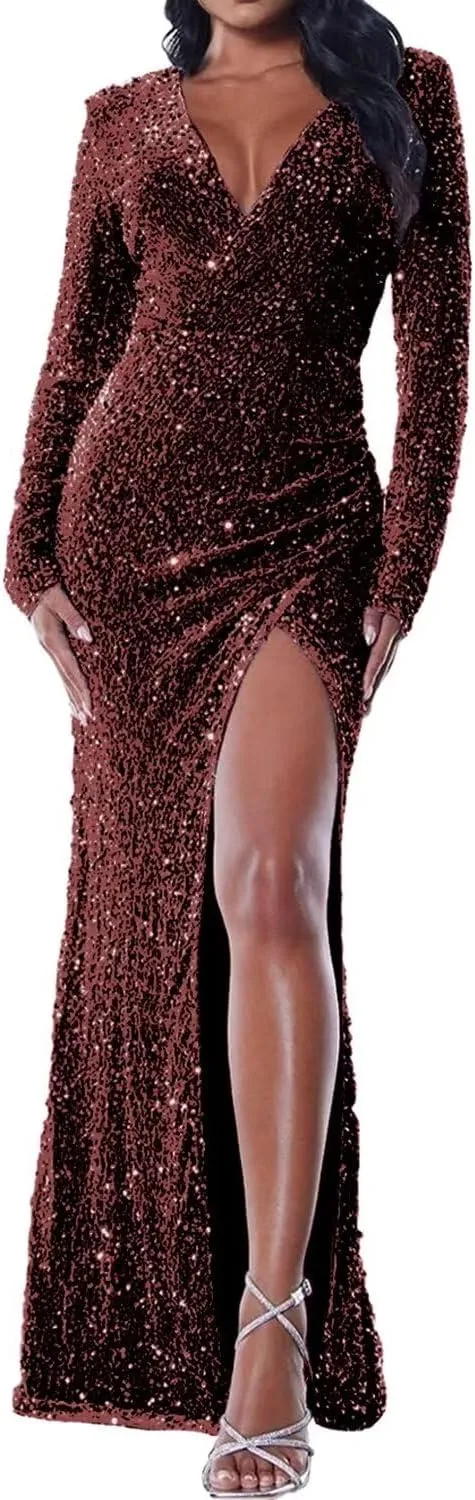 Fivsole Sequin Long Sleeve Prom Dress 2025 Long Sparkly Formal Dress Long Sleeve Evening Gowns
