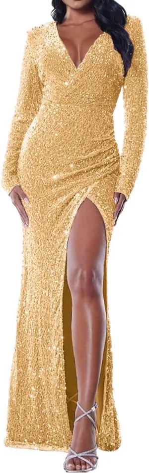 Fivsole Sequin Long Sleeve Prom Dress 2025 Long Sparkly Formal Dress Long Sleeve Evening Gowns