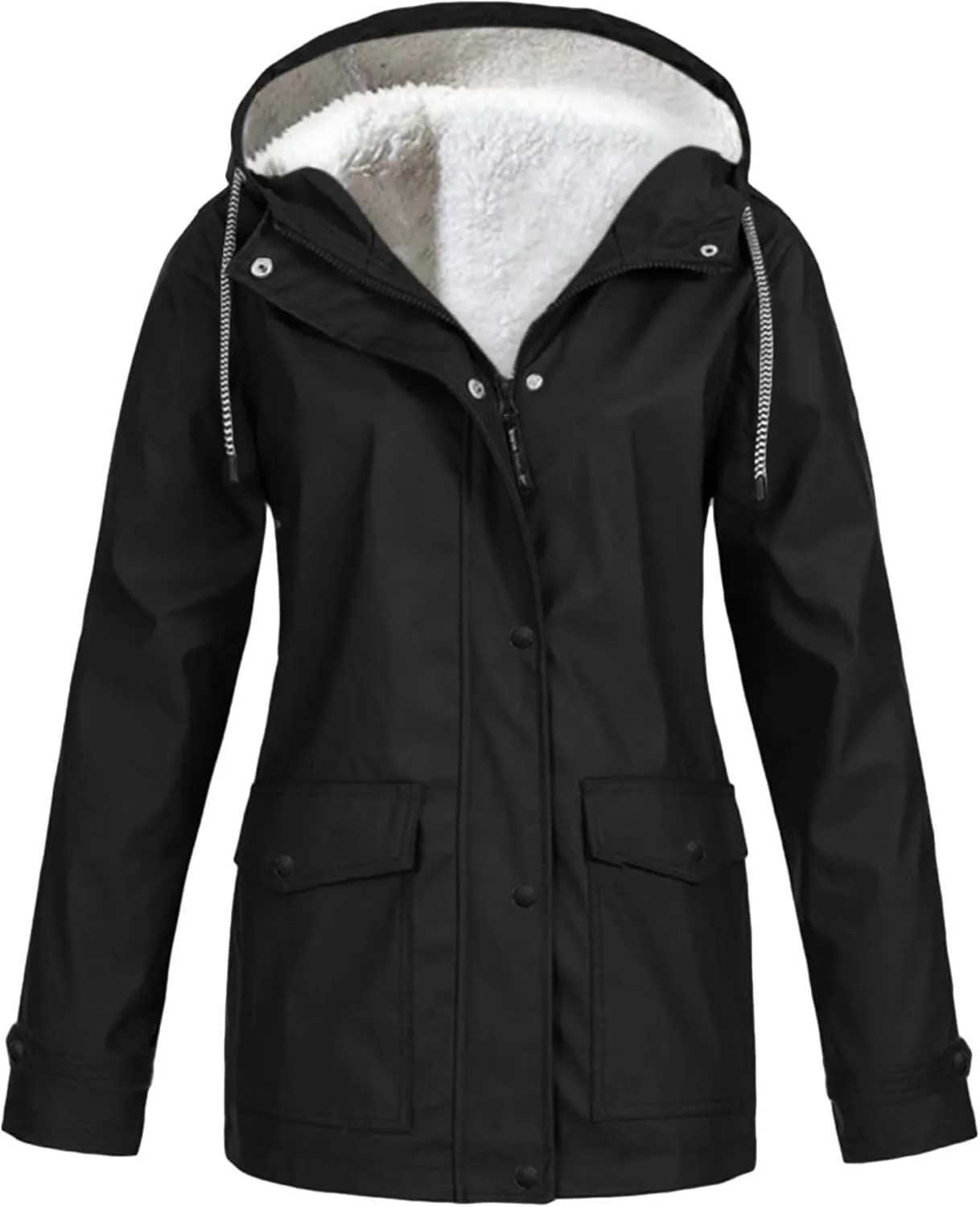 FLITAY Womens Casual Zipper Outerwear Fashion Drawstring Jacket Waterproof Solid Color Coats with Pocket