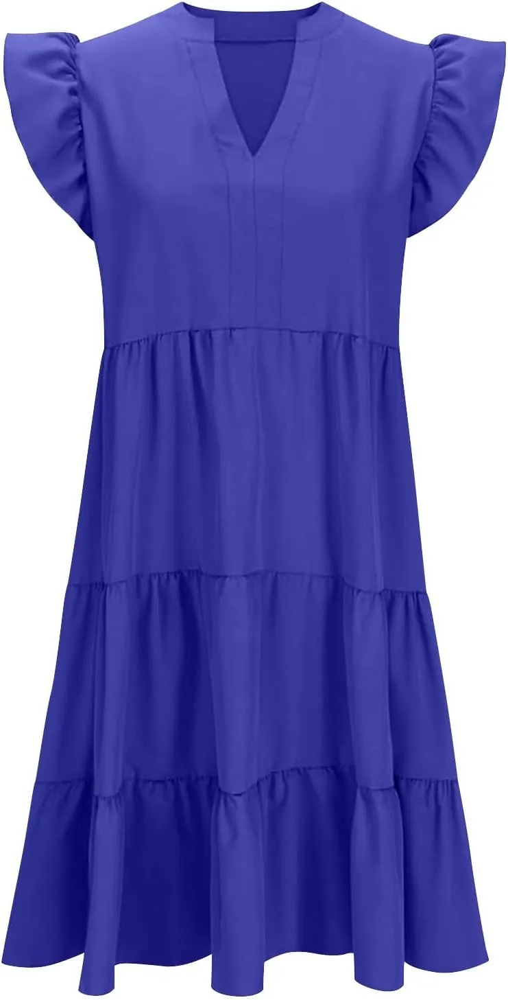 Flutter Dress for Women Casual Tiered Ruffle Sleeve Fashion Dresses Flowy Boho Beach Vacation Sundress 2025 Trendy