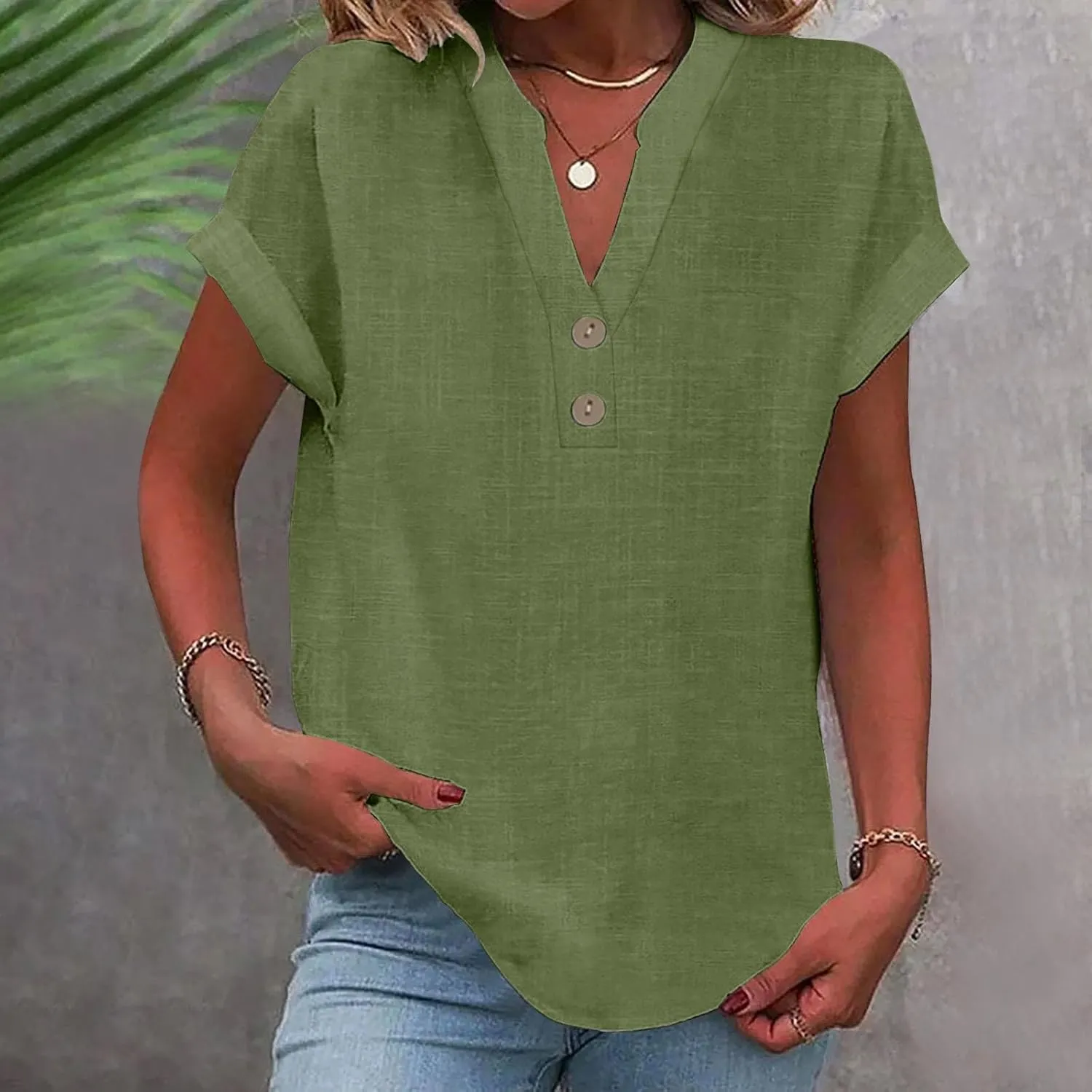 Gauze Shirts for Women Plus Size Linen Short Sleeve Cute Summer Tops Notched V Neck Button Loose Dressy Blouses