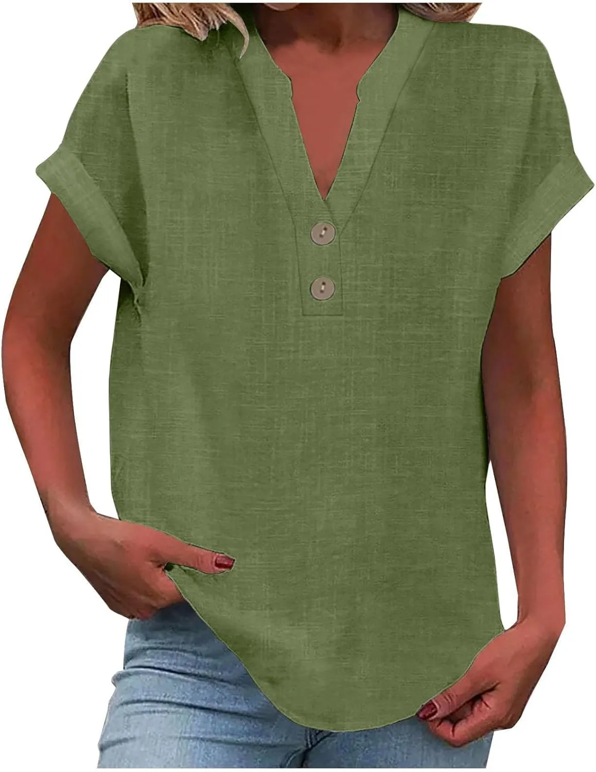 Gauze Shirts for Women Plus Size Linen Short Sleeve Cute Summer Tops Notched V Neck Button Loose Dressy Blouses