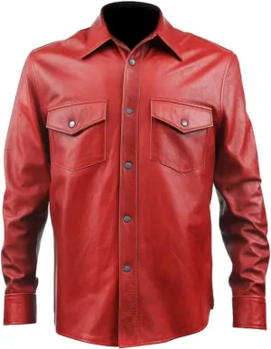 Genuine Lambskin Red Leather Shirt - Motorcycle Leather Shirt For Men - Men Biker Leather Shirt - Leather Jacket