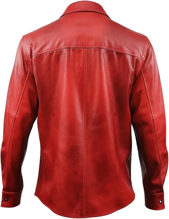 Genuine Lambskin Red Leather Shirt - Motorcycle Leather Shirt For Men - Men Biker Leather Shirt - Leather Jacket