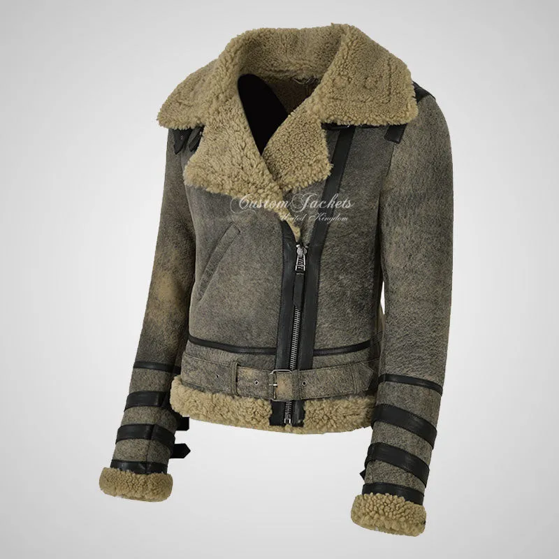 GEREN Women Shearling Jacket Khaki B3 Aviator Sheepskin Jacket