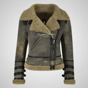 GEREN Women Shearling Jacket Khaki B3 Aviator Sheepskin Jacket