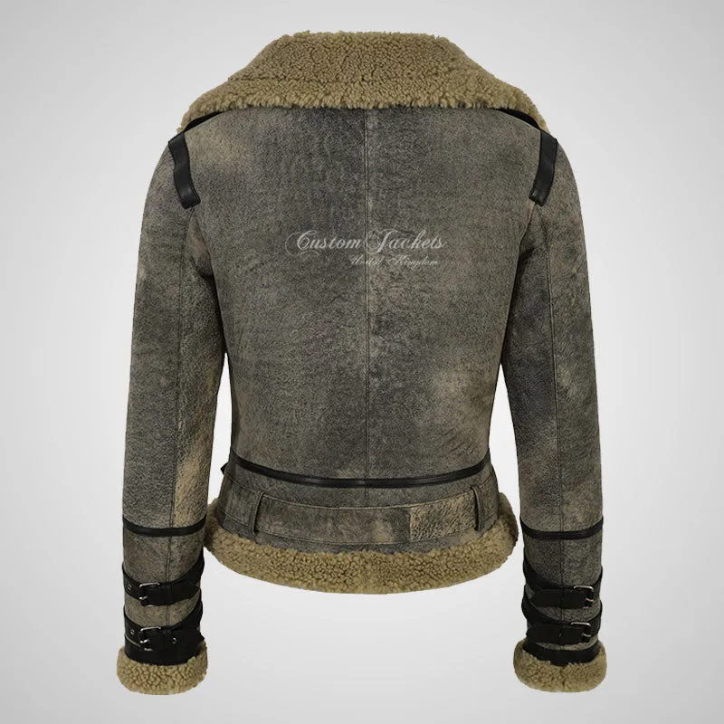 GEREN Women Shearling Jacket Khaki B3 Aviator Sheepskin Jacket