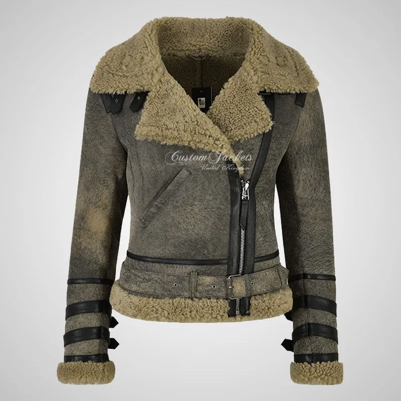 GEREN Women Shearling Jacket Khaki B3 Aviator Sheepskin Jacket