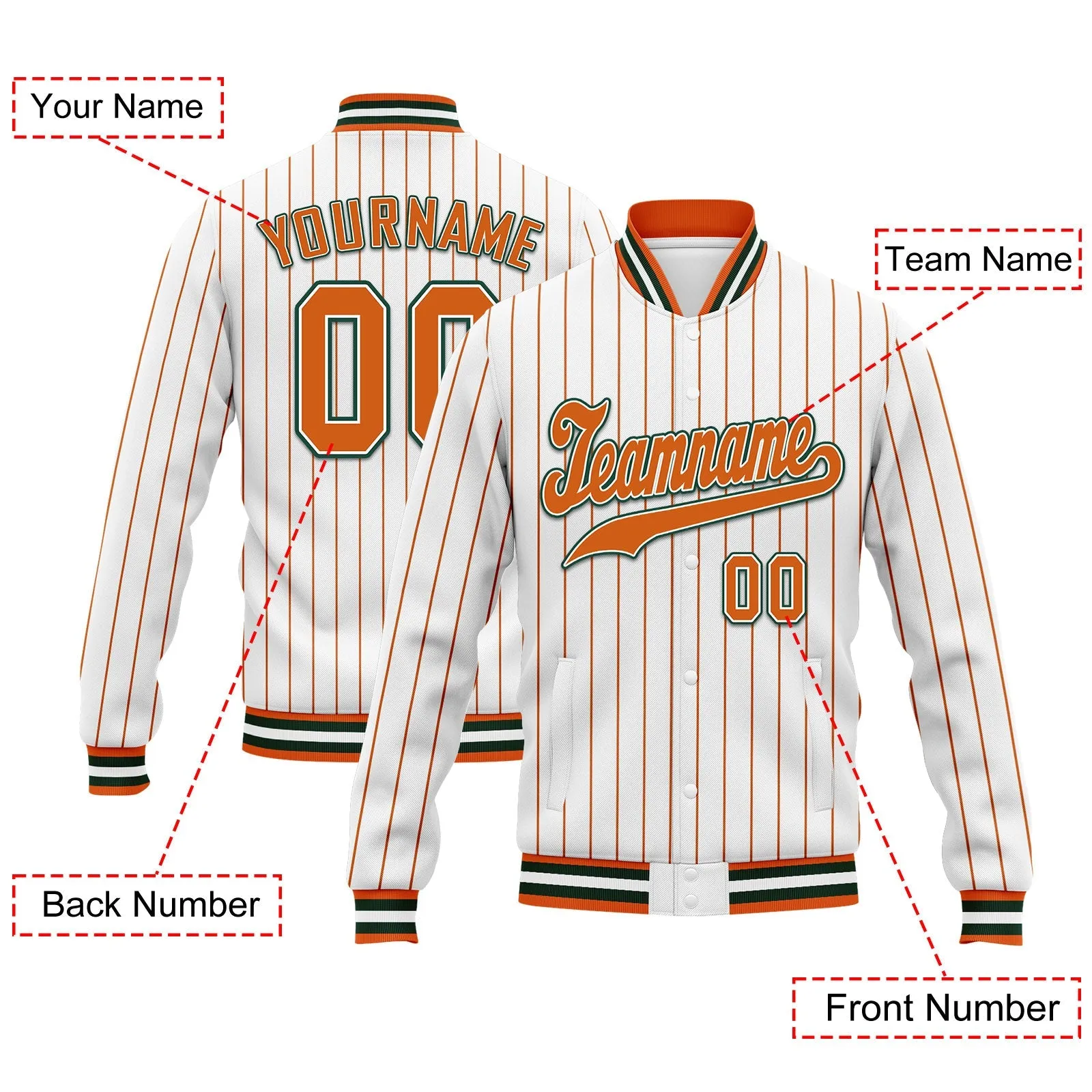 Gift Ideas,Custom White Orange Stripe Fashion Jacket Bomber Full-Snap Varsity Letterman Personalized Jacket FZ005-D020219-18