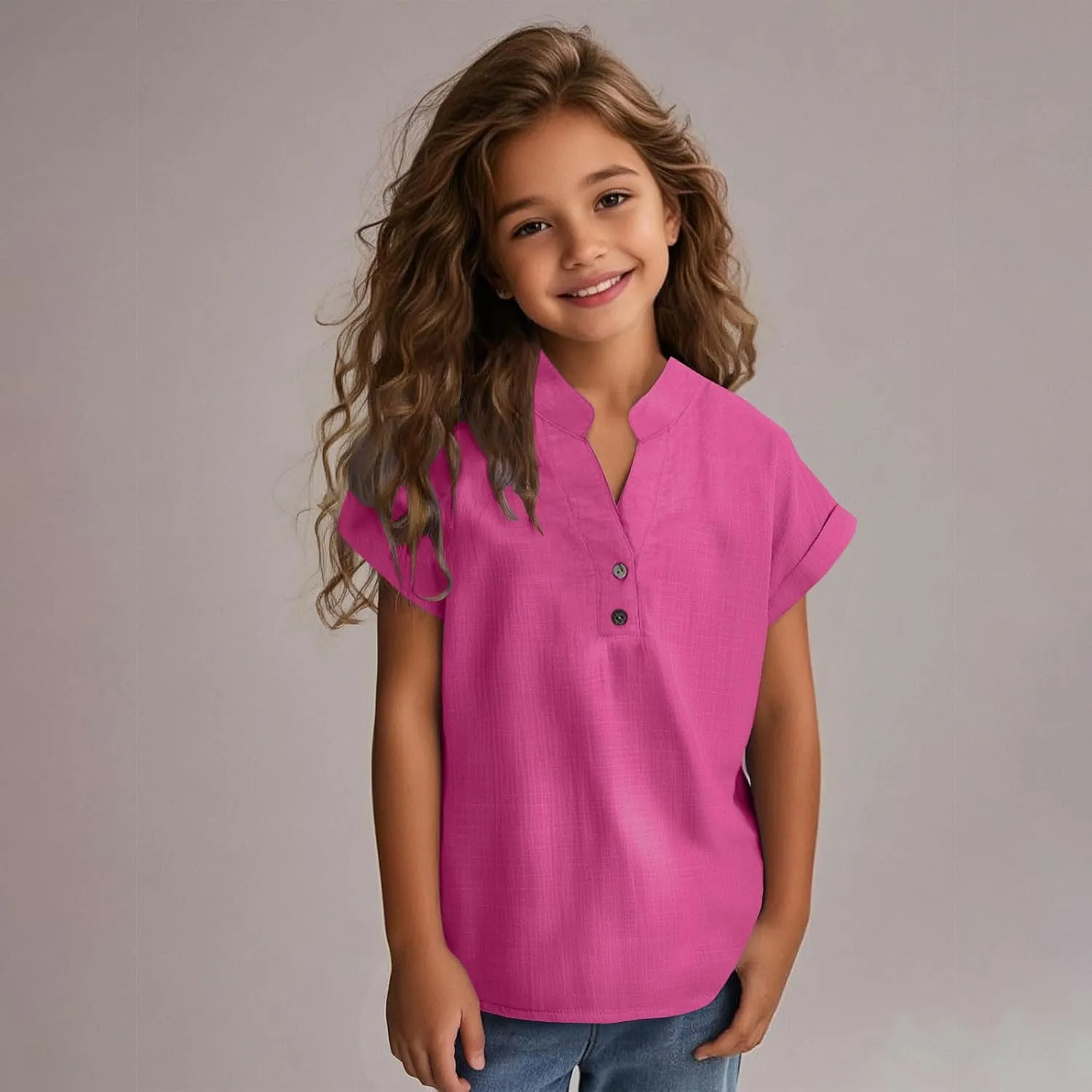 Girls Cotton Linen Shirts Summer Casual Button v Neck Tunic Blouses Kids Trendy Lightweight Solid Short Sleeve Tops