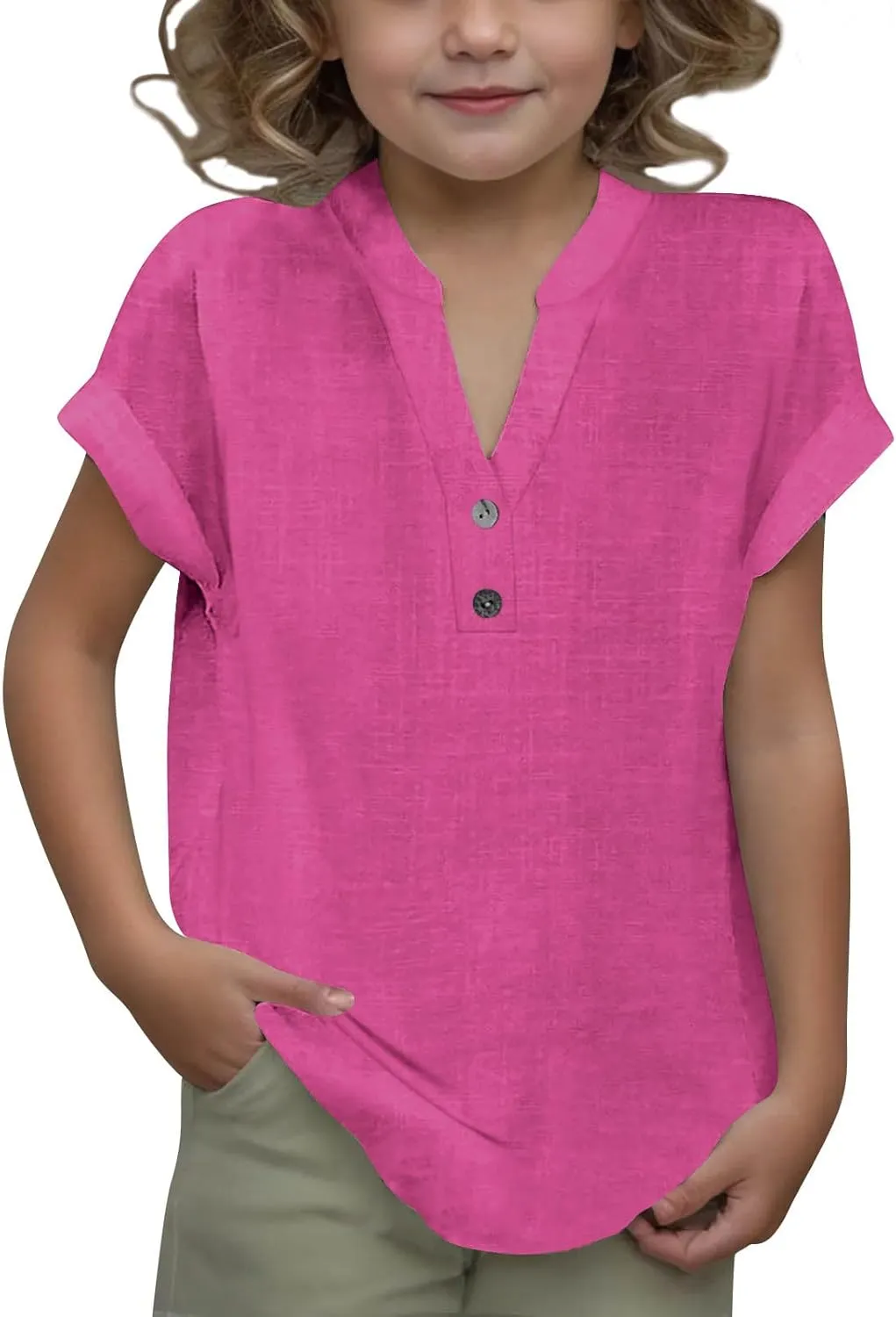 Girls Cotton Linen Shirts Summer Casual Button v Neck Tunic Blouses Kids Trendy Lightweight Solid Short Sleeve Tops