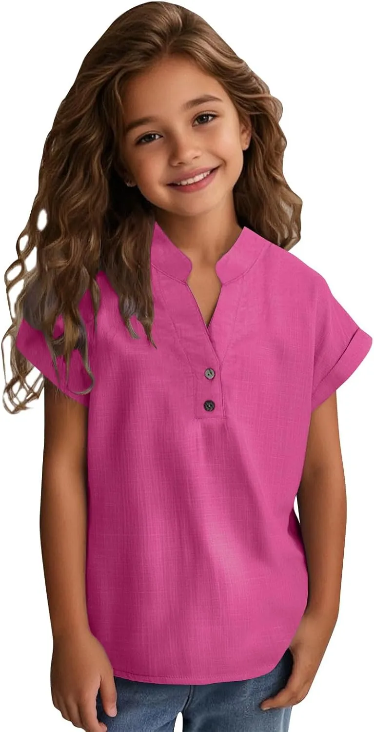 Girls Cotton Linen Shirts Summer Casual Button v Neck Tunic Blouses Kids Trendy Lightweight Solid Short Sleeve Tops