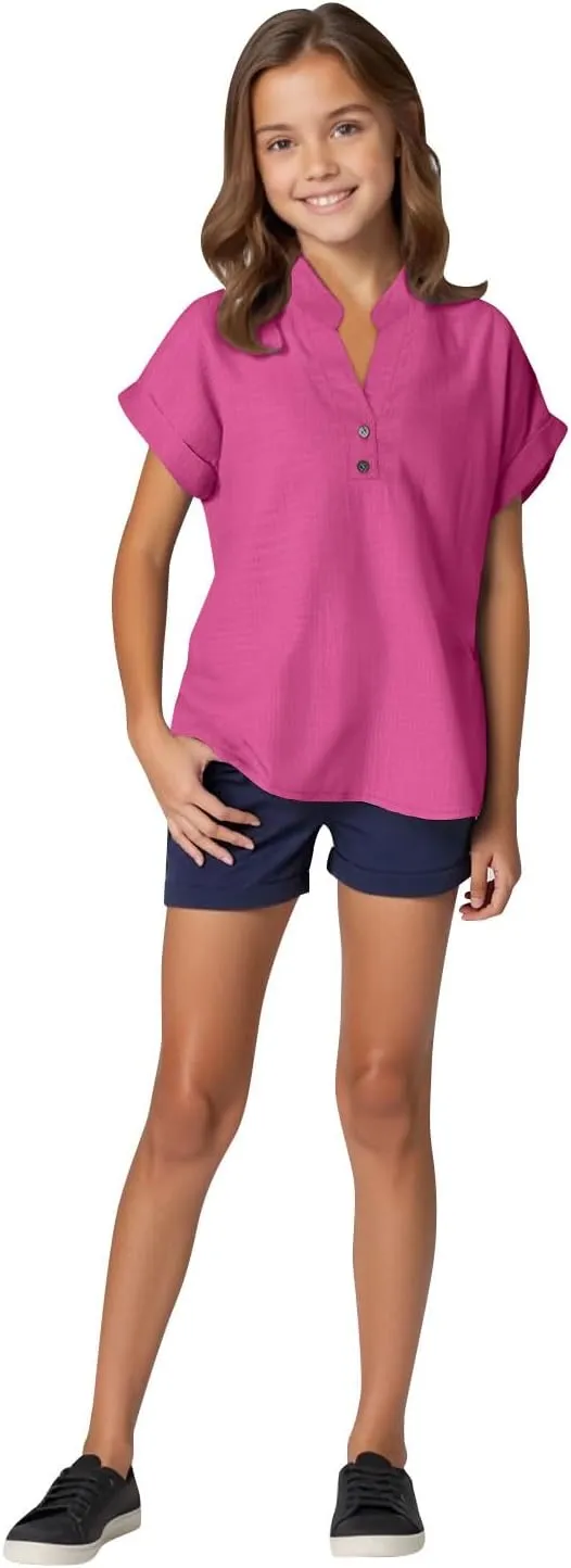 Girls Cotton Linen Shirts Summer Casual Button v Neck Tunic Blouses Kids Trendy Lightweight Solid Short Sleeve Tops
