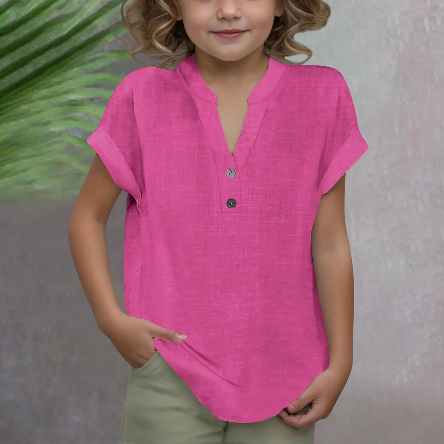 Girls Cotton Linen Shirts Summer Casual Button v Neck Tunic Blouses Kids Trendy Lightweight Solid Short Sleeve Tops