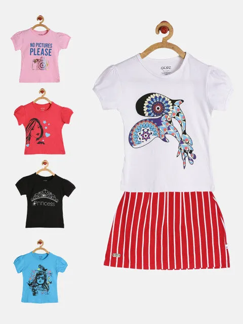 GKIDZ Girls Pack of 5 Printed T-Shirts & Skirt