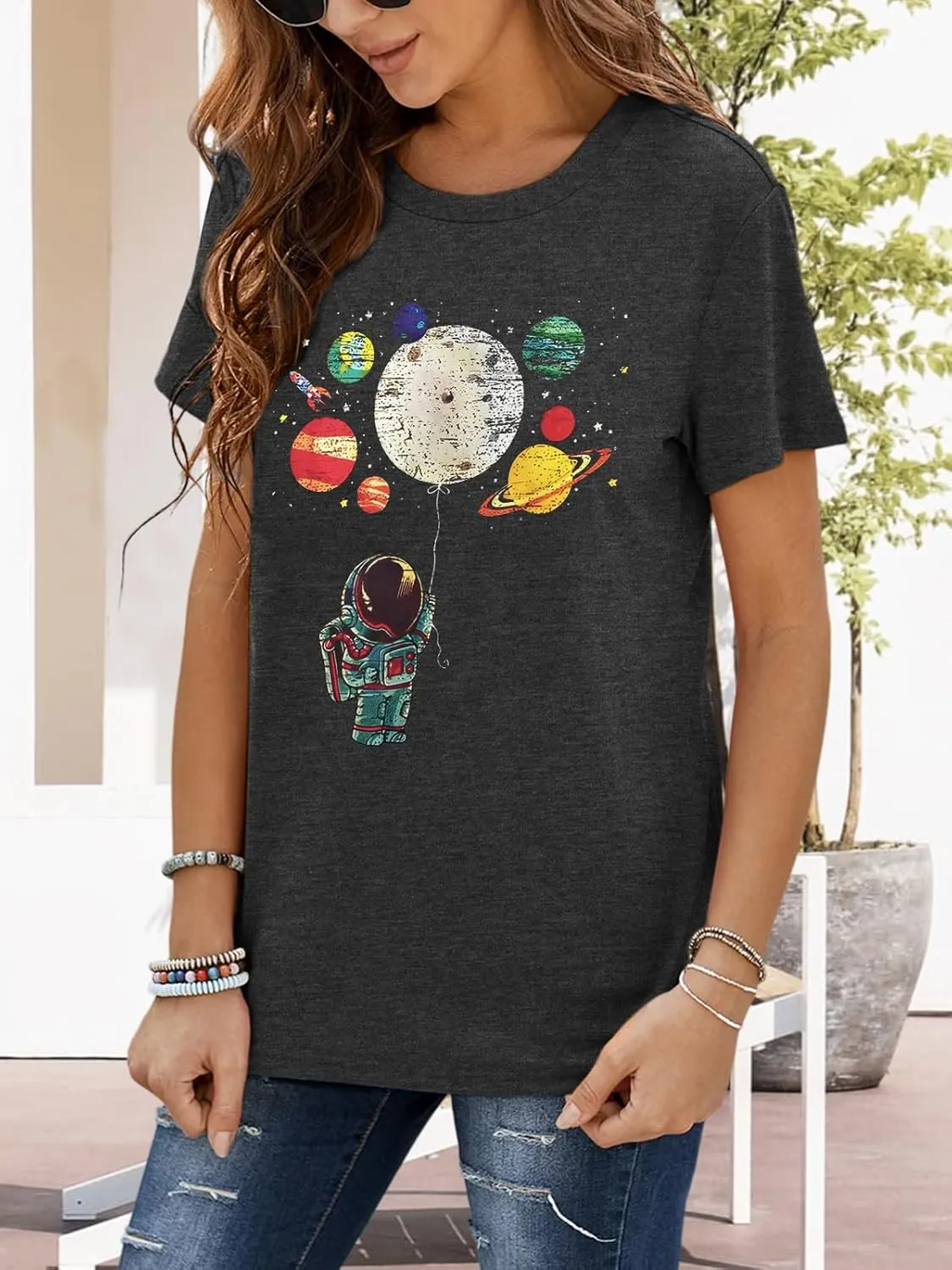 Graphic Shirt Women Cute Astronaut Moon Space Graphic Short Sleeve Tee Top