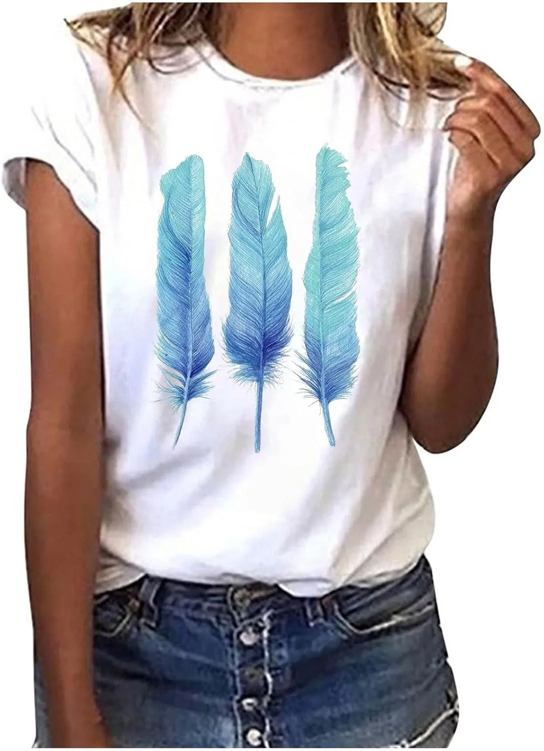 Graphic Tees for Women Short Sleeve Crewneck Shirt Summer Fashion Feather Print Causal Beach Loose Blouse Going Out