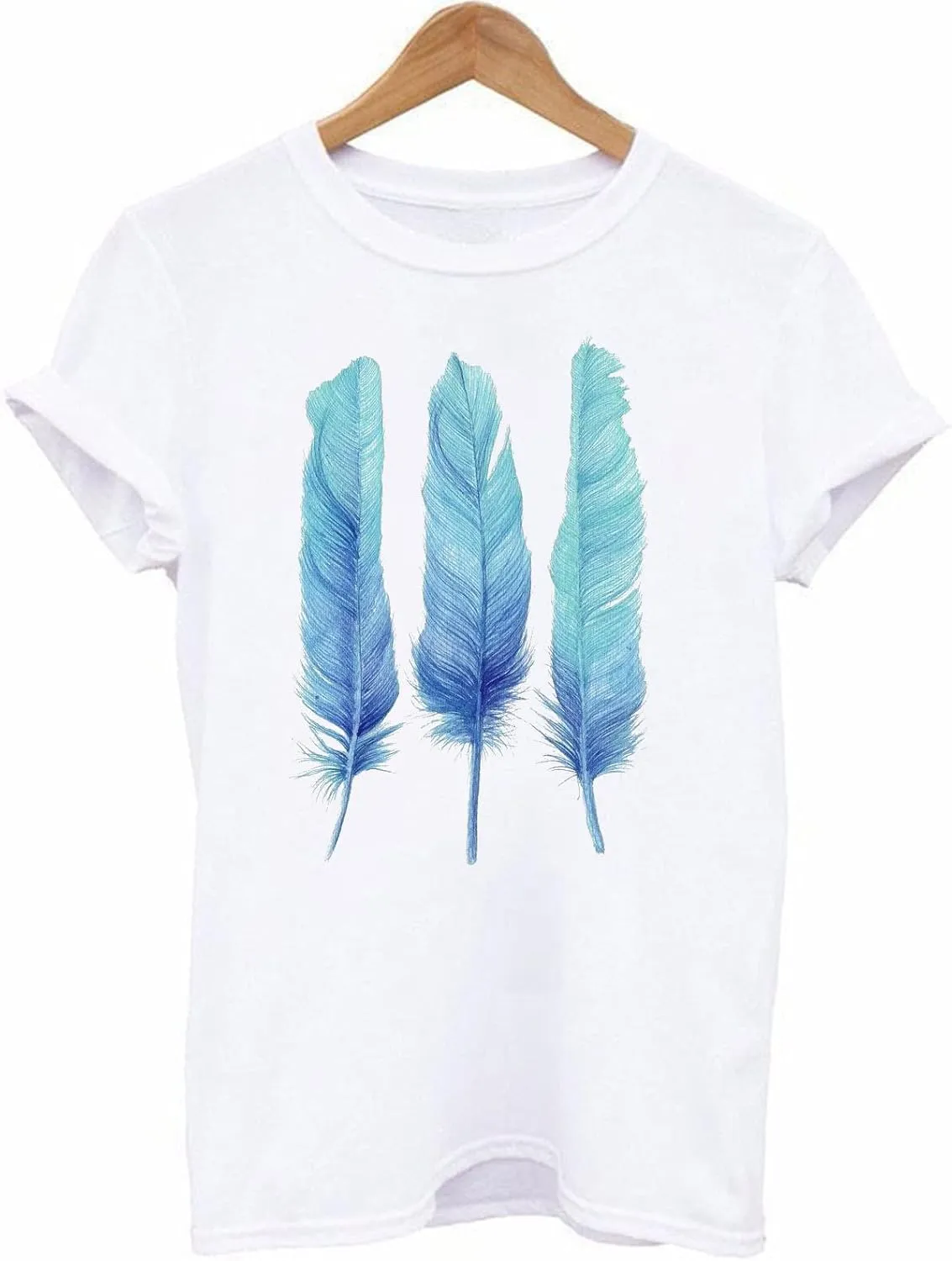 Graphic Tees for Women Short Sleeve Crewneck Shirt Summer Fashion Feather Print Causal Beach Loose Blouse Going Out