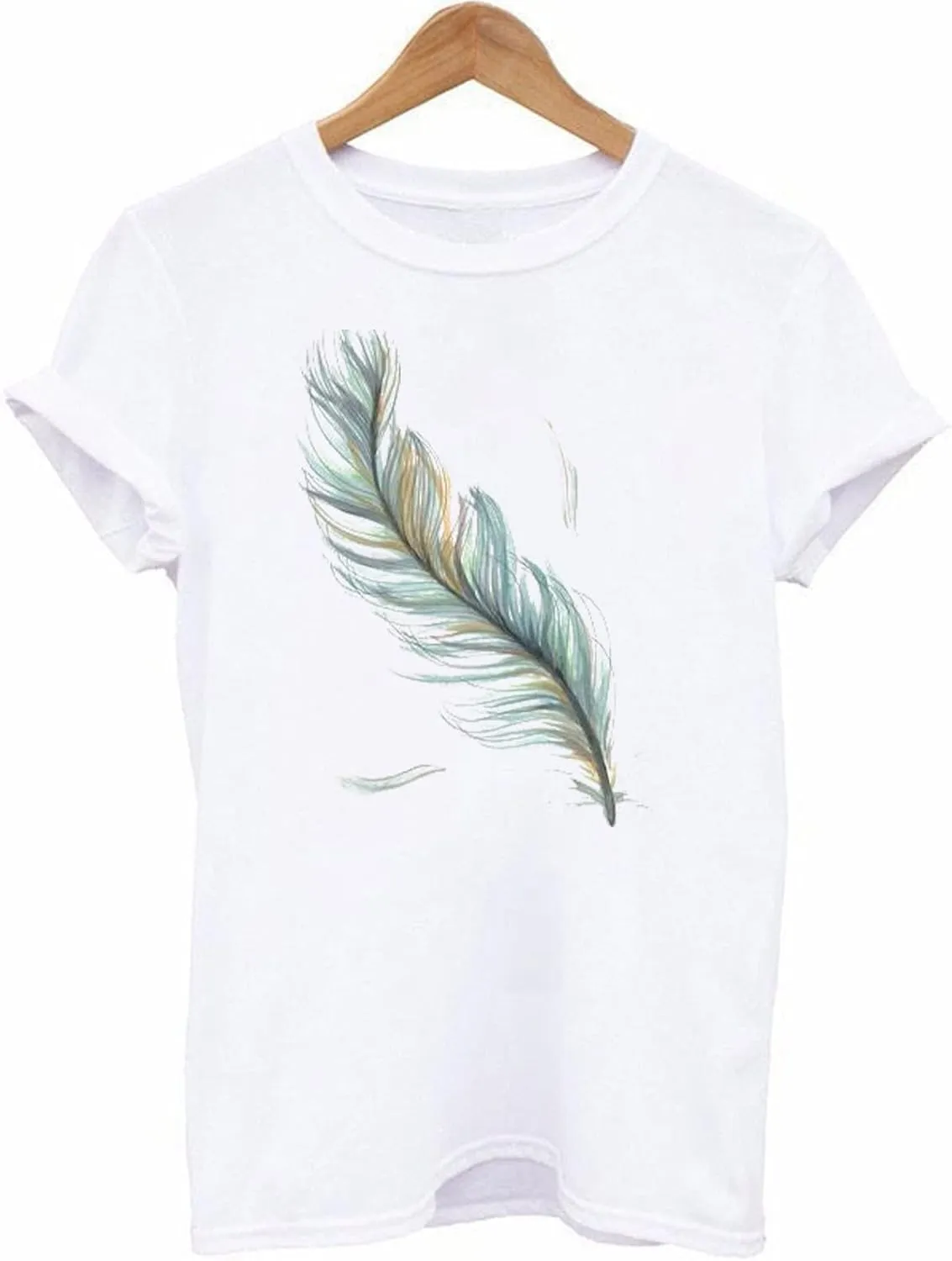 Graphic Tees for Women Short Sleeve Crewneck Shirt Summer Fashion Feather Print Causal Beach Loose Blouse Going Out