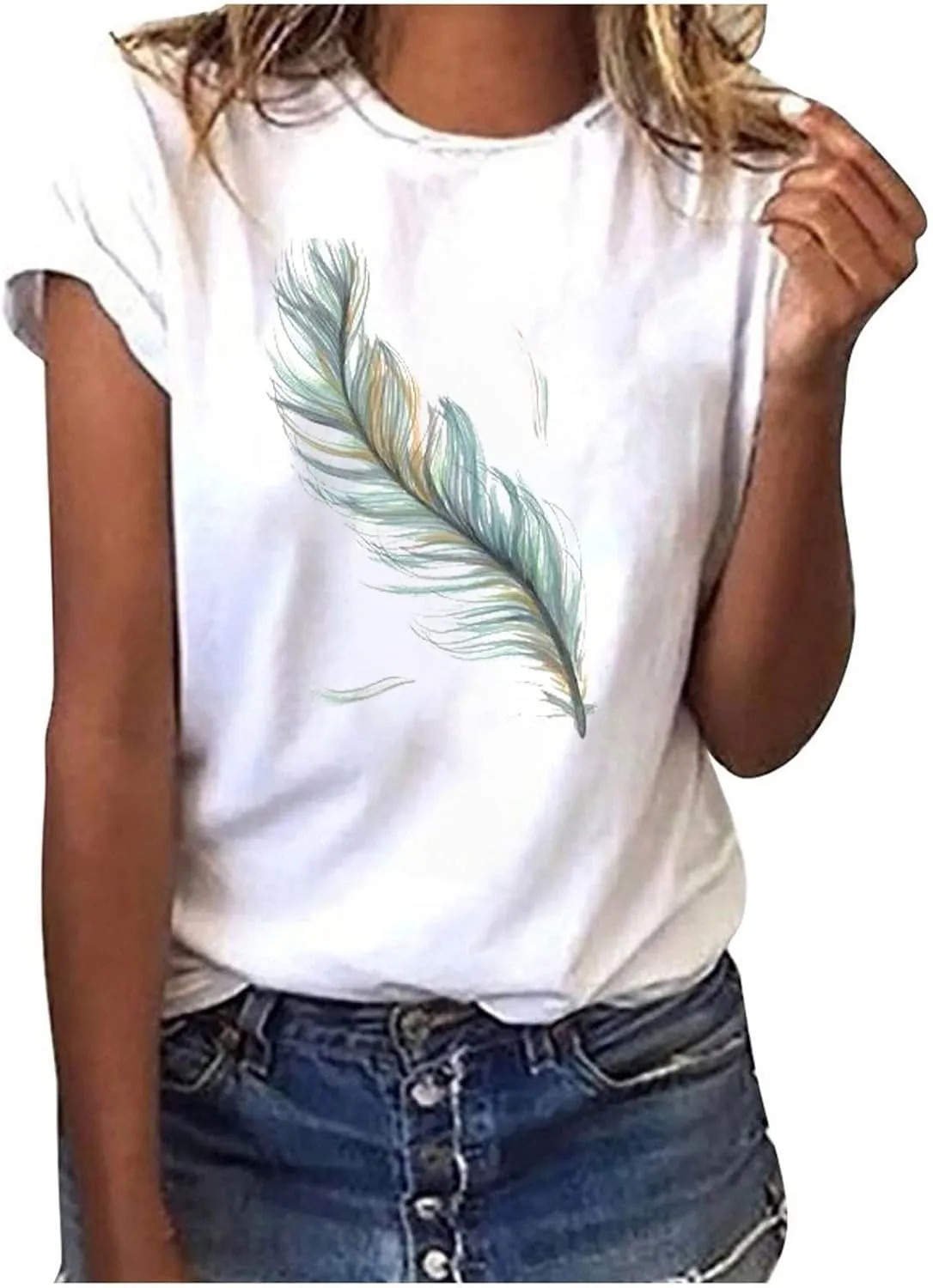 Graphic Tees for Women Short Sleeve Crewneck Shirt Summer Fashion Feather Print Causal Beach Loose Blouse Going Out