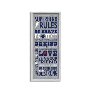 Gray and Navy Superhero Rules Typography 10"x24" Rustic Gray Framed Giclee Texturized Art