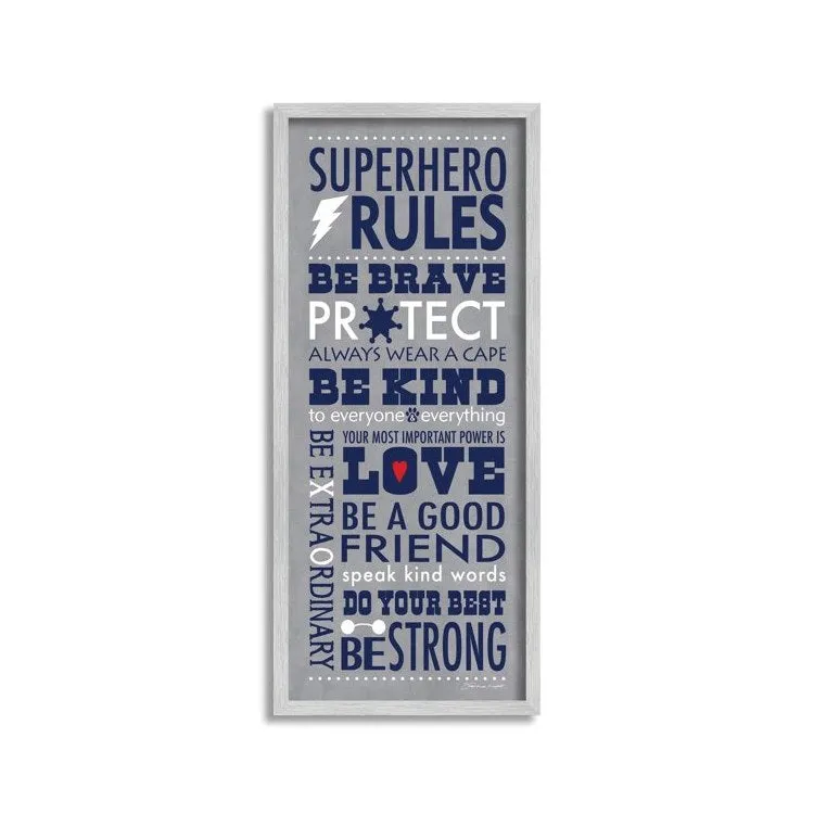 Gray and Navy Superhero Rules Typography 10"x24" Rustic Gray Framed Giclee Texturized Art