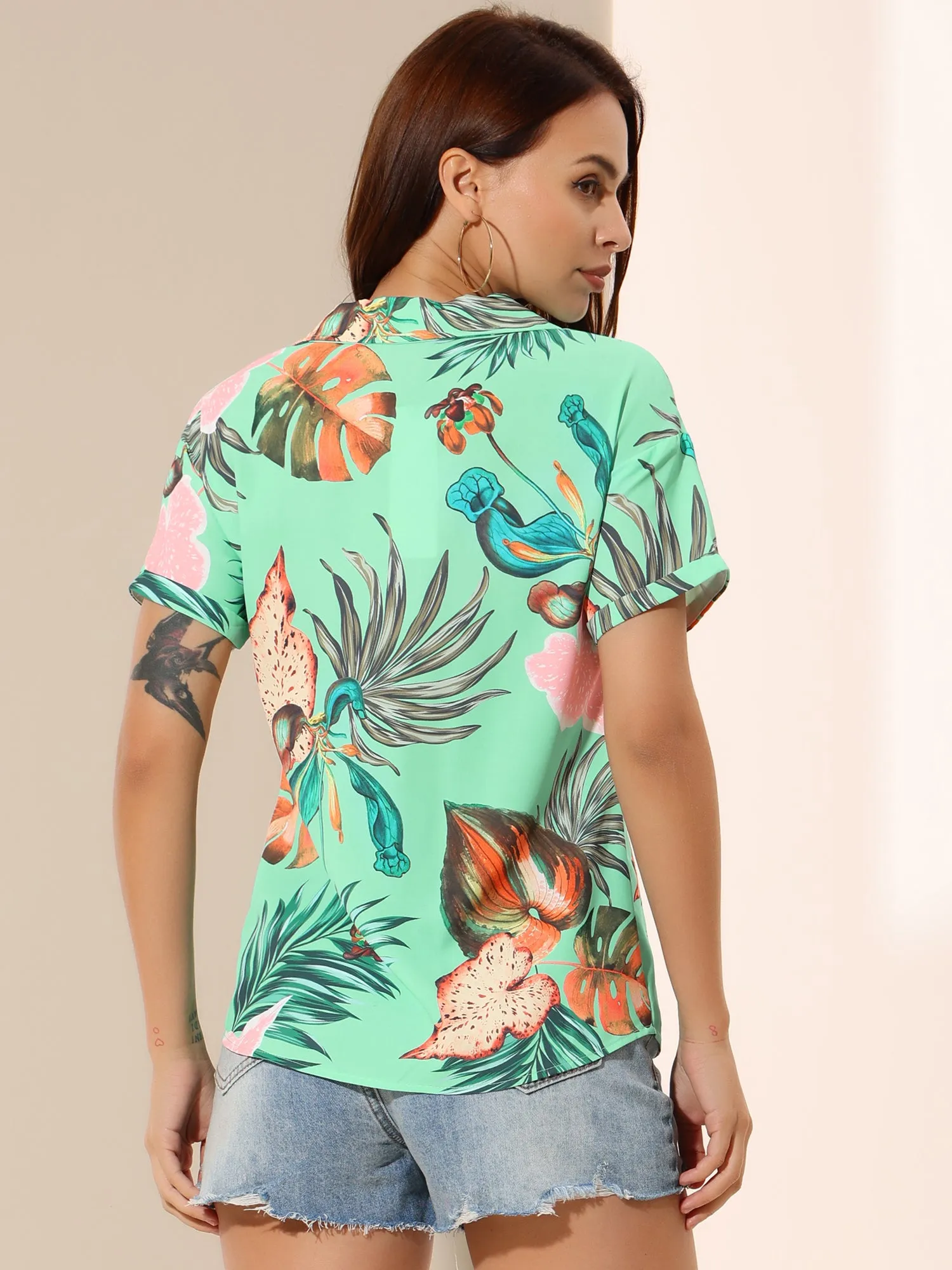 Hawaiian Floral Leaves Tropical Button Down Shirt