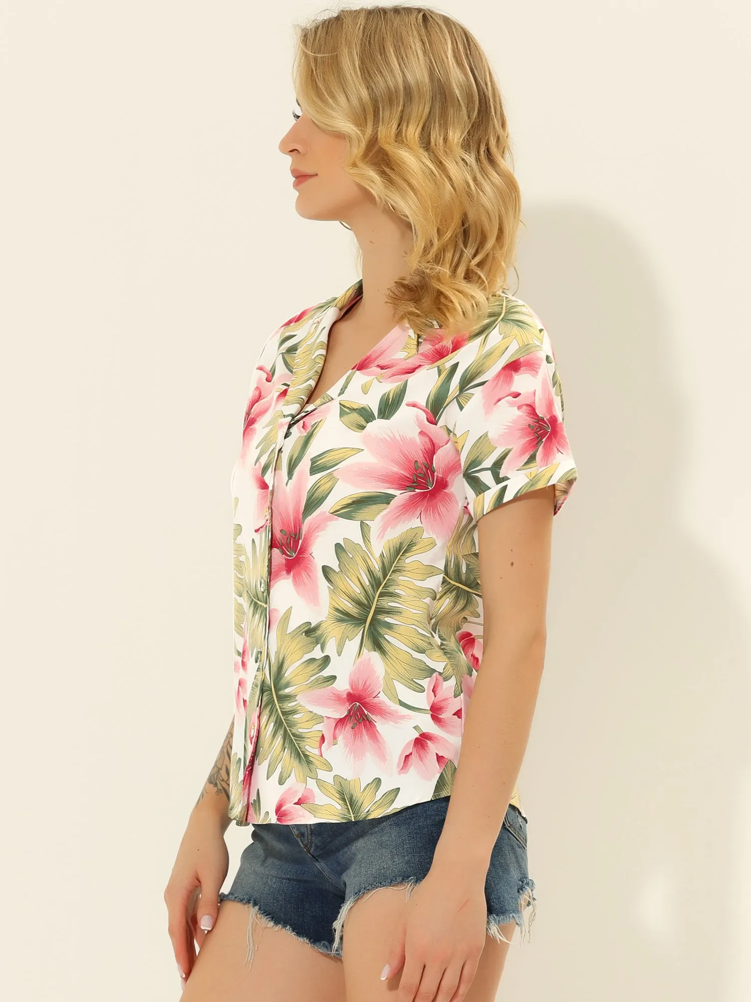 Hawaiian Floral Leaves Tropical Button Down Shirt