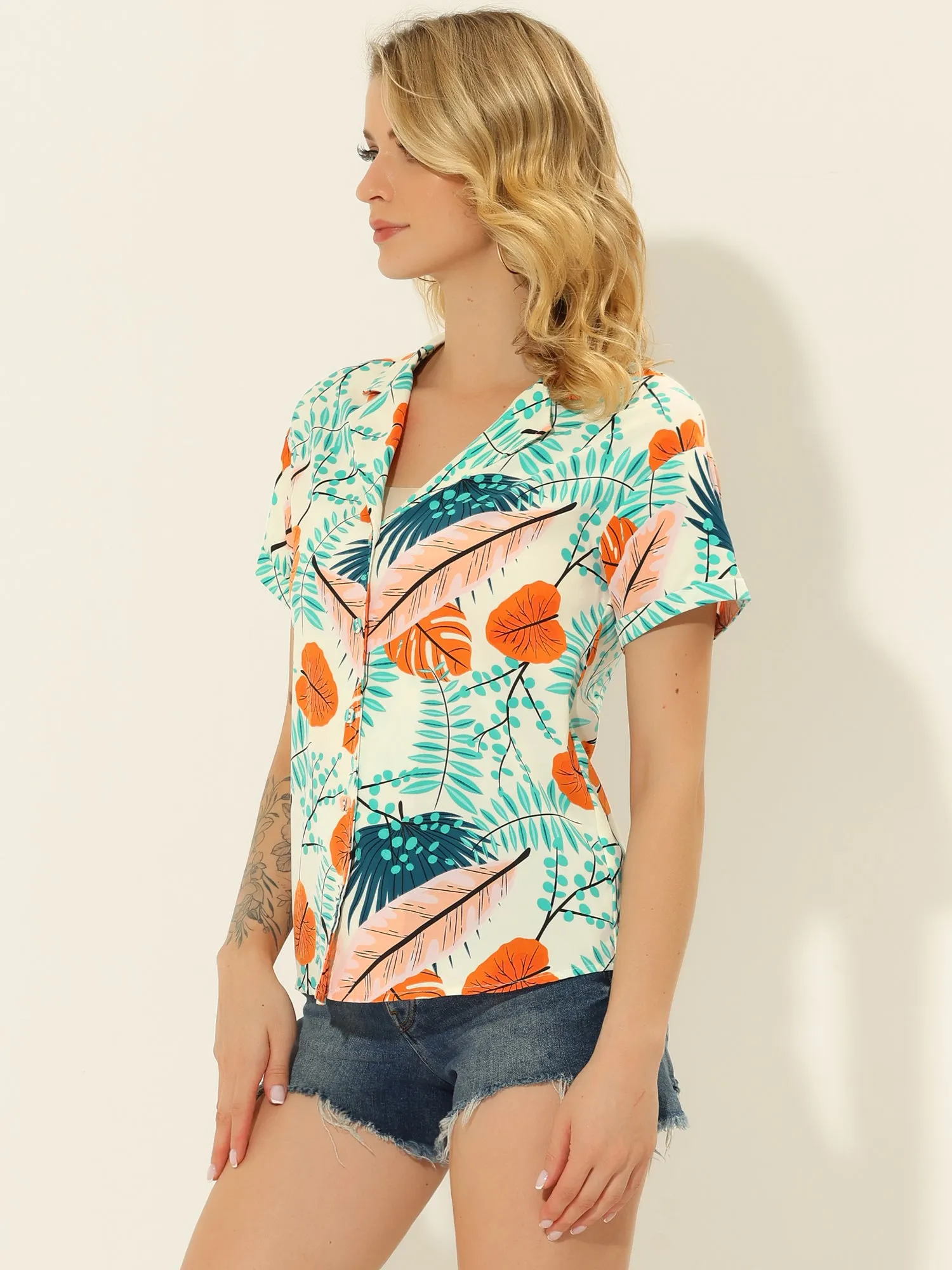Hawaiian Floral Leaves Tropical Button Down Shirt