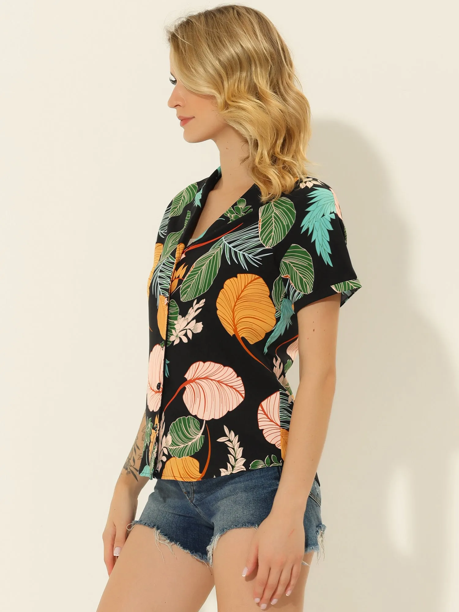 Hawaiian Floral Leaves Tropical Button Down Shirt