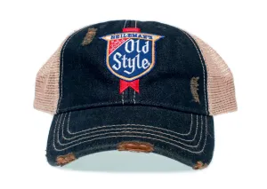 Heileman's Old Style Beer Vintage Hat Blue Denim Cap Distressed Beige Mesh Trucker