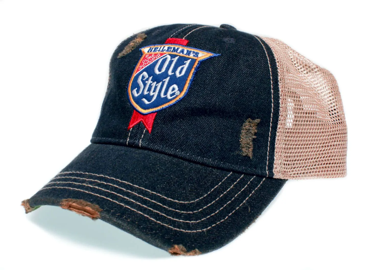 Heileman's Old Style Beer Vintage Hat Blue Denim Cap Distressed Beige Mesh Trucker