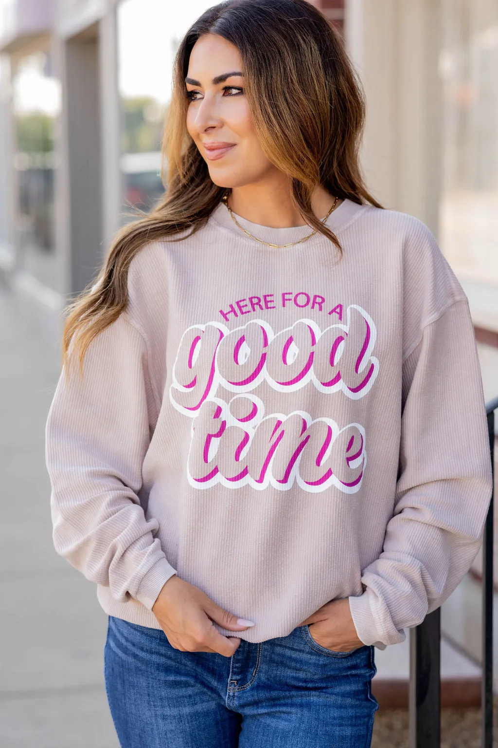 Here For A Good Time Ribbed Graphic Crewneck
