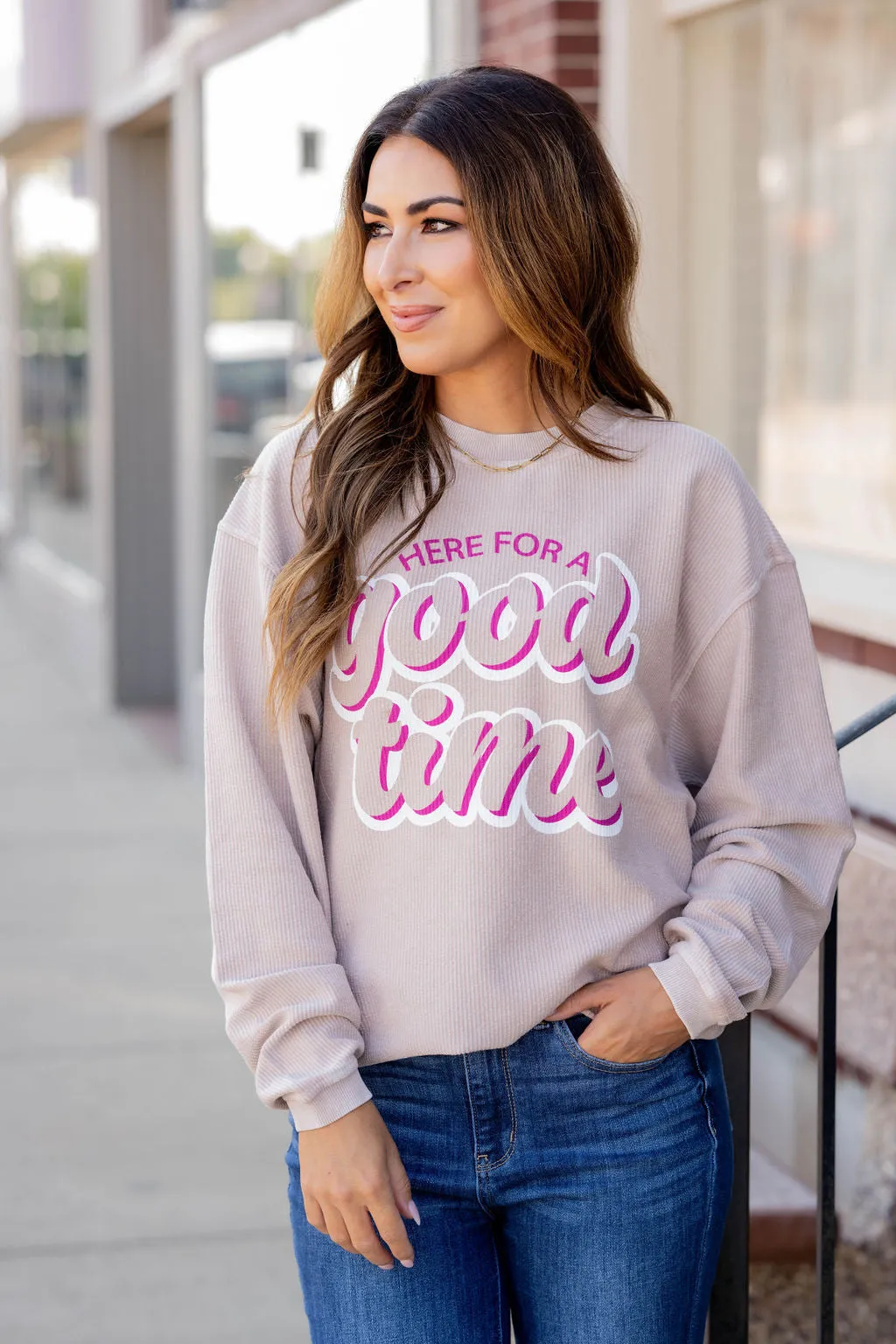 Here For A Good Time Ribbed Graphic Crewneck
