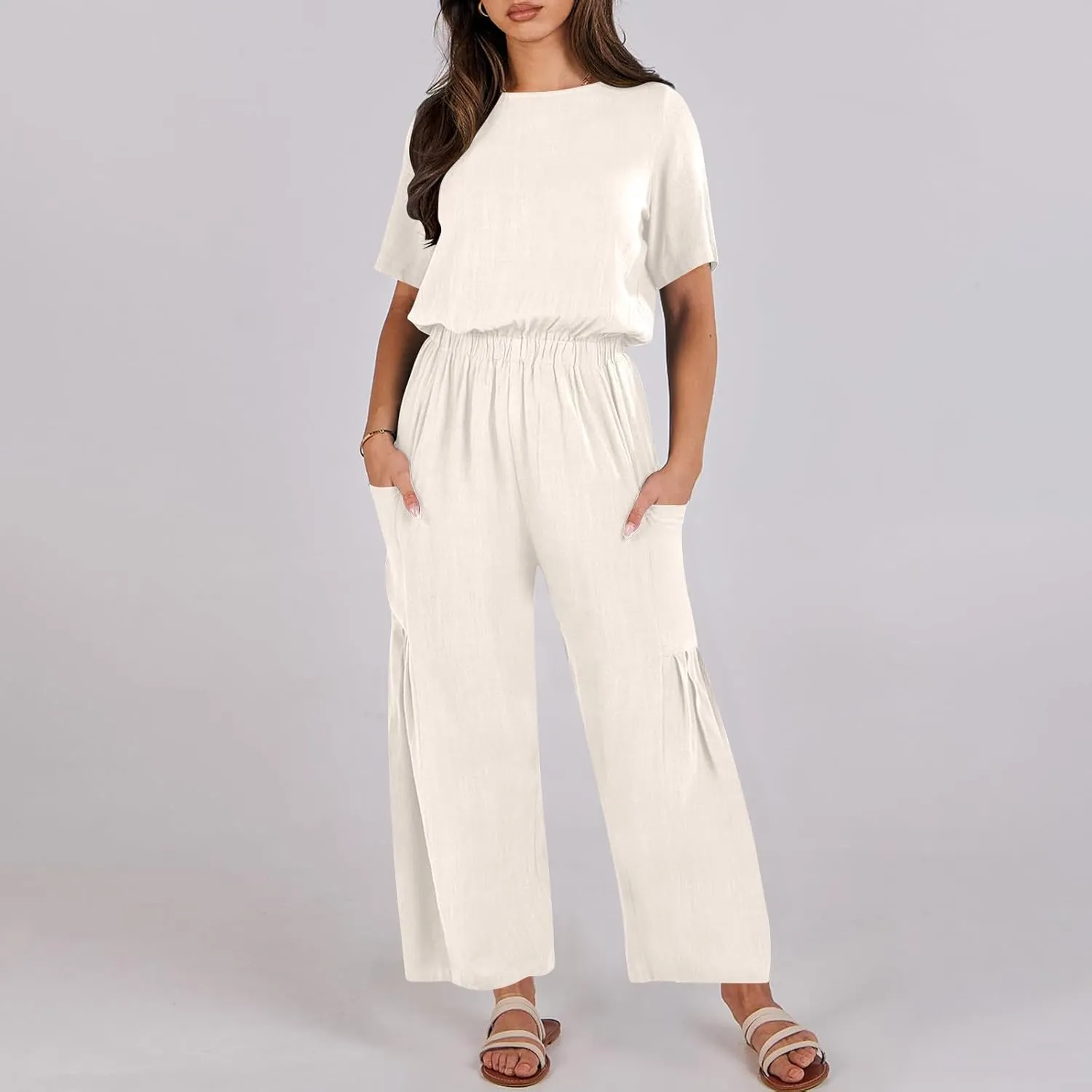 HGps8w Cotton Linen Jumpsuits for Women Casual Wide Leg Pants Romper 2025 Summer Short Sleeve One Piece Outfits with Pockets