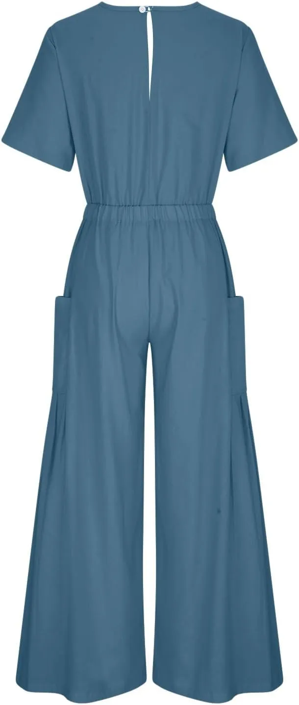HGps8w Cotton Linen Jumpsuits for Women Casual Wide Leg Pants Romper 2025 Summer Short Sleeve One Piece Outfits with Pockets
