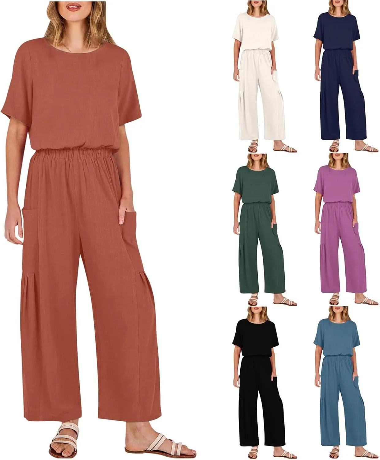 HGps8w Cotton Linen Jumpsuits for Women Casual Wide Leg Pants Romper 2025 Summer Short Sleeve One Piece Outfits with Pockets