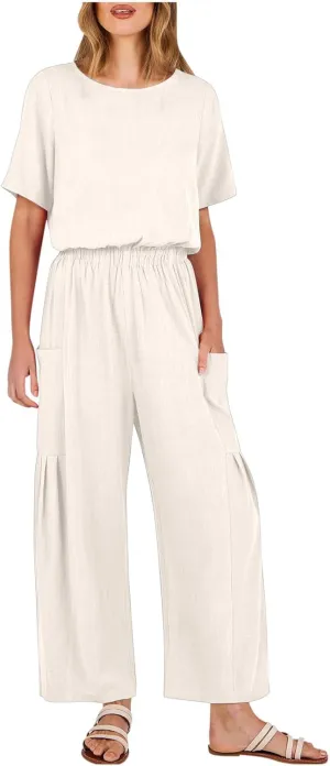 HGps8w Cotton Linen Jumpsuits for Women Casual Wide Leg Pants Romper 2025 Summer Short Sleeve One Piece Outfits with Pockets