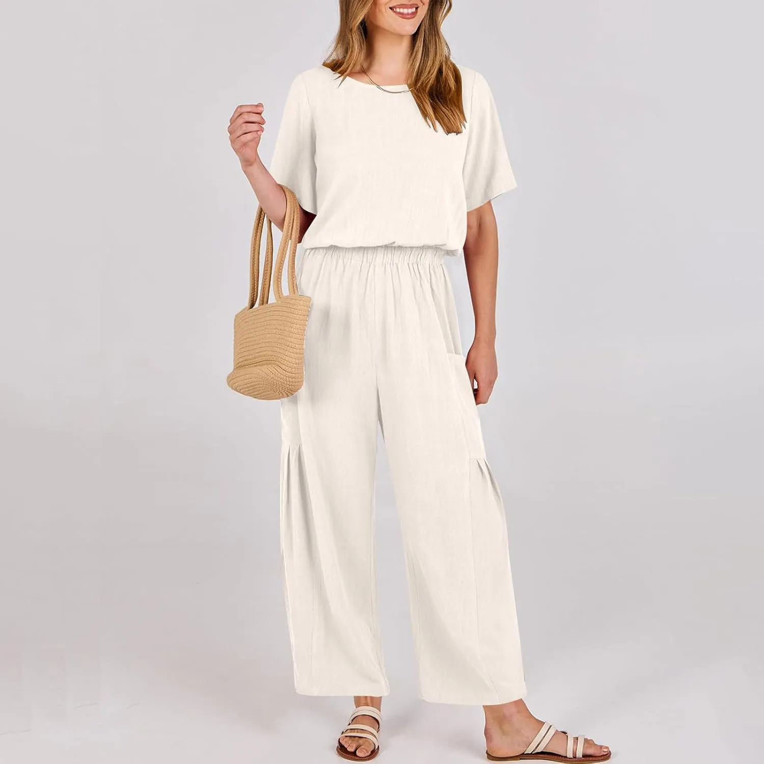 HGps8w Cotton Linen Jumpsuits for Women Casual Wide Leg Pants Romper 2025 Summer Short Sleeve One Piece Outfits with Pockets