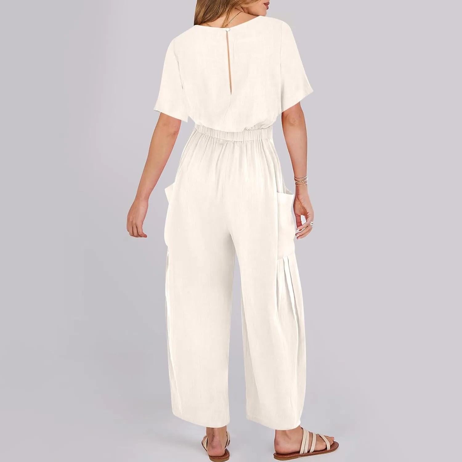 HGps8w Cotton Linen Jumpsuits for Women Casual Wide Leg Pants Romper 2025 Summer Short Sleeve One Piece Outfits with Pockets