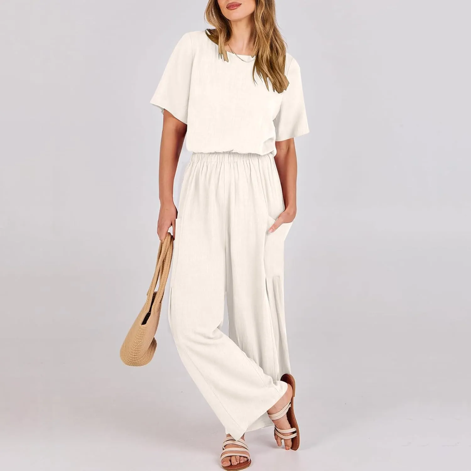 HGps8w Cotton Linen Jumpsuits for Women Casual Wide Leg Pants Romper 2025 Summer Short Sleeve One Piece Outfits with Pockets