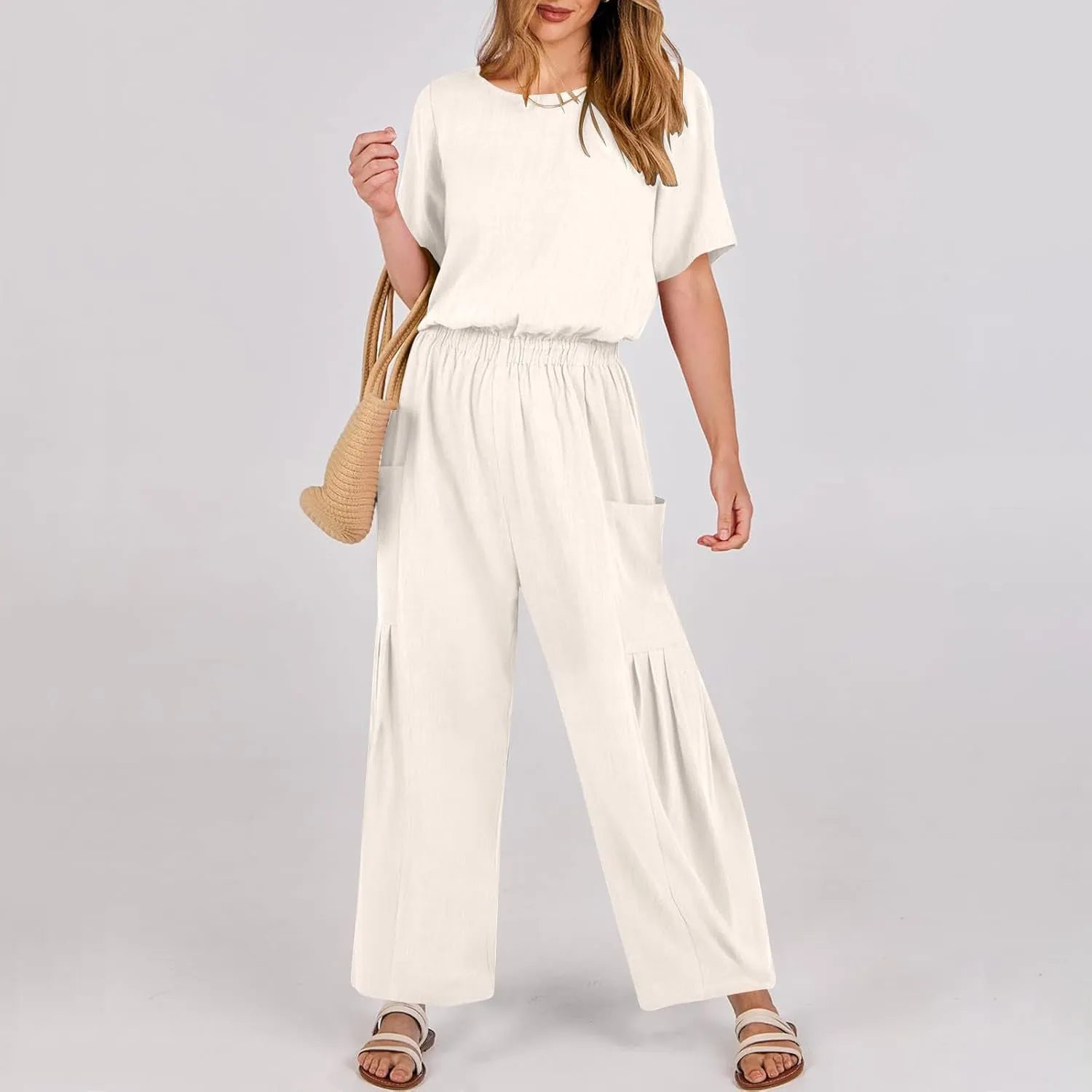 HGps8w Cotton Linen Jumpsuits for Women Casual Wide Leg Pants Romper 2025 Summer Short Sleeve One Piece Outfits with Pockets