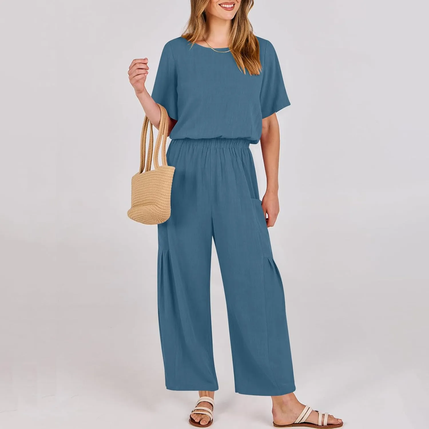 HGps8w Cotton Linen Jumpsuits for Women Casual Wide Leg Pants Romper 2025 Summer Short Sleeve One Piece Outfits with Pockets