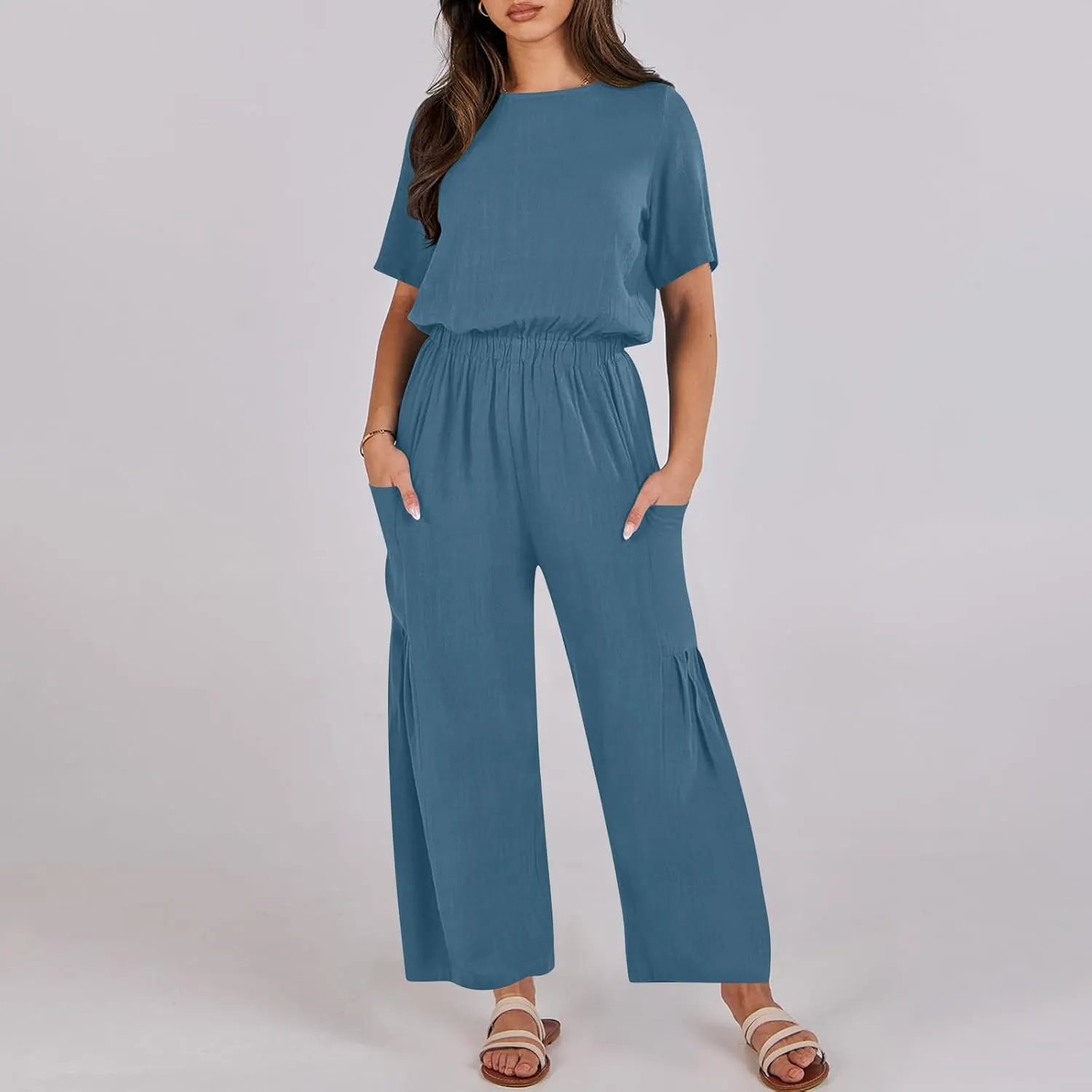 HGps8w Cotton Linen Jumpsuits for Women Casual Wide Leg Pants Romper 2025 Summer Short Sleeve One Piece Outfits with Pockets