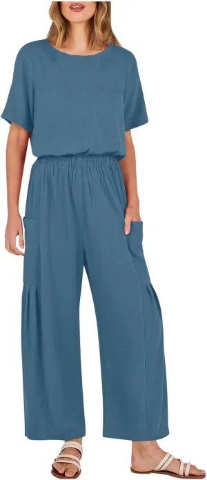 HGps8w Cotton Linen Jumpsuits for Women Casual Wide Leg Pants Romper 2025 Summer Short Sleeve One Piece Outfits with Pockets