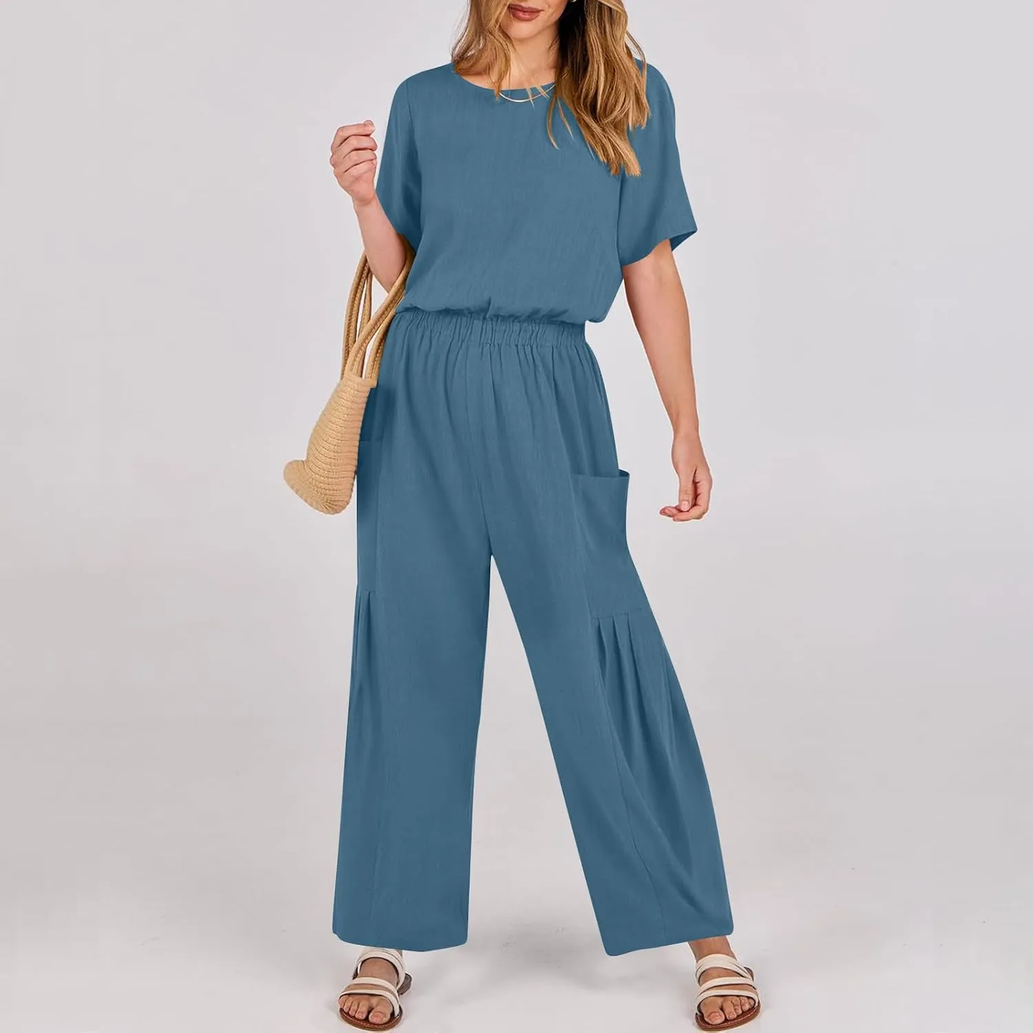 HGps8w Cotton Linen Jumpsuits for Women Casual Wide Leg Pants Romper 2025 Summer Short Sleeve One Piece Outfits with Pockets